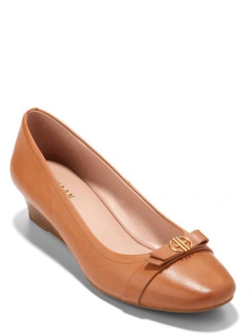 Cole Haan Cognac Leather Low Wedge Pump with Bow and Gold Logo